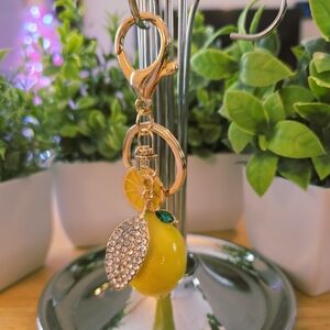 Lemon Keychain Bag Charm with Rhinestone Leaf